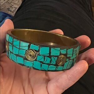 Vtg Turquoise Brass Zuni Fetish Bangle